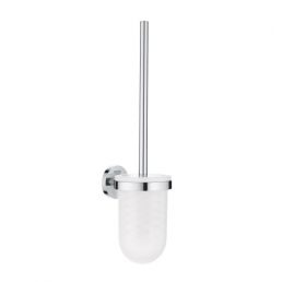 Chrome toilet brush with a wall-mounted holder featuring a transparent container.