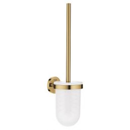 Wall-mounted toilet brush with a holder, gold finish and a milky white container.
