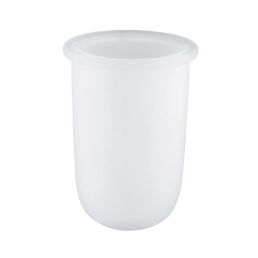 White cylindrical plastic toilet brush holder with a wide rim at the top.