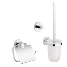 City Essentials 3-in-1 chrome accessory set: toilet paper holder, toilet brush with holder, and hook.