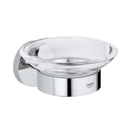 Essentials New soap dish holder with a chrome finish, includes a transparent glass dish.
