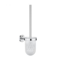 BauCosmopolitan chrome toilet brush holder with a frosted glass container and a wall-mounted design.