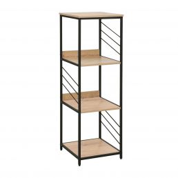 Hyllyssä on neljä neliönmuotoista puuhyllytasoa ja musta metallirunko, ja sen sivuilla on koristeelliset vinorivat.