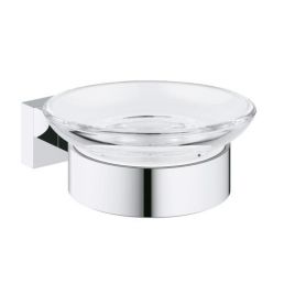 Essentials Cube soap dish with holder, featuring a clear round bowl and chrome finish.