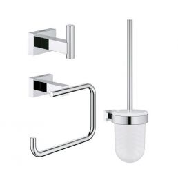 The set includes a toilet paper holder, a towel ring, and a toilet brush with holder, all in a chrome finish.