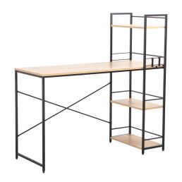 Tammepuidust ja musta metallraamiga kirjutuslaud mõõtmetega 120x51xH120 cm, riiulid ühel küljel.