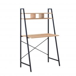 Musta raamiga ja heledate puidust riiulitega kirjutuslaud, mõõtmed 84x44xH142 cm.