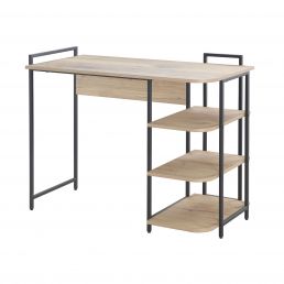 Vaaleanruskea melamiininen kirjoituspöytä mustalla metallirungolla, oikealla neljä avointa hyllyä, mitat 101,5x51,5x81 cm.