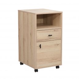 Light wood-effect melamine chest on castors, with an open shelf, one drawer, and a lower compartment with a door.