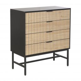 Mustarunkoinen lipasto, neljä vaaleaa rimakuosista laatikkoa, mitat 80x40x89,5 cm, valmistettu melamiinista.