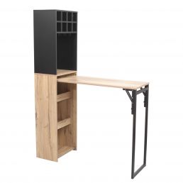 Baariryhmä pöydällä, puinen ja metallinen runko, musta ja vaalea puunsävy. Ylhäällä pullolokerot, alhaalla avohyllyt ja sivulla taitepöytä.