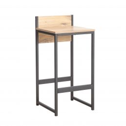 Tall bar stool with a rectangular seat and backrest, wood-look surface, and a black metal frame.