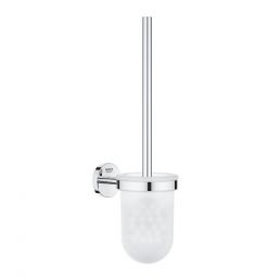 Chrome toilet brush with holder, featuring a shiny finish and wall mount.