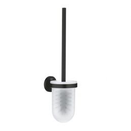 Toilet brush with matte black holder, wall mount, transparent brush part.
