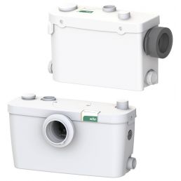 Valkoinen kompakti jätevesipumppu, mallit HiSewlift 3-15 ja DrainLift MINI3-XS/WC-EF, suunniteltu WC:n ja ylimääräisen hanan liittämiseen.