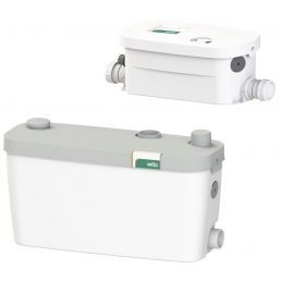 Kaksi valkoista saniteettipumppua, molemmat suorakulmaisia ja varustettu useilla liitäntäpisteillä.