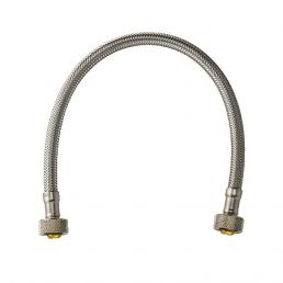 Silver flexible connection hose with golden fittings, designed for use in plumbing systems.
