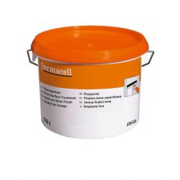 Orange metal bucket with a 1-liter capacity, labeled with a white sticker providing fine plaster details.