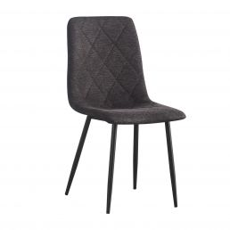 Tumma ruskea kangastuoli, pehmustettu istuin ja selkänoja, mustat metallijalat.