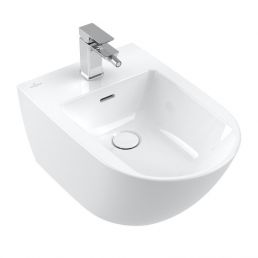 Wall-mounted bidet Subway 3.0, size 375x560 mm, with a white ceramic-coated drain.