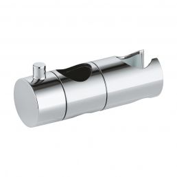 Cylindrical chrome shower rod holder featuring a recessed notch and a small button on one side.