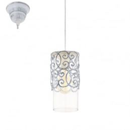 Tyylikäs valkoinen Cardigan-riippuvalaisin, jossa on monimutkaiset metallikoristeet ja läpinäkyvä alaosa. Sopii E27-polttimolle, enintään 60W.