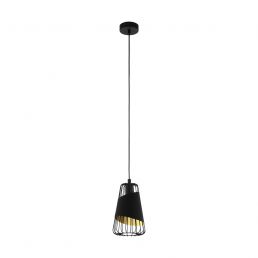 Black shade with gold-colored accents give the ceiling lamp a stylish, modern look. The bottom of the shade features a grid design.