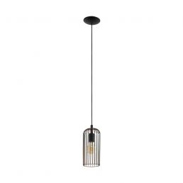 Black-finished pendant lamp with a straight cylindrical metal cage encasing a white glass shade.