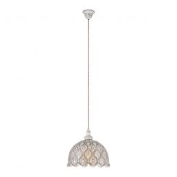 Hanging lamp with a white patterned shade. Stylish and modern design, suitable for any interior.