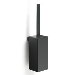Black toilet brush with holder, featuring a minimalist design and a tall, upright handle.