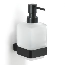 White liquid soap dispenser with a black pump and holder.