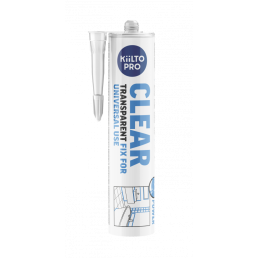 Kiilto Clear är en färglös hybridtätmassa på 290 ml, förpackad i en vit tub med blå och svart text.