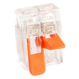 Läpinäkyvä, oransseilla avattavilla välilehdillä varustettu pikaliitin, pieni ja kompakti muotoilu.