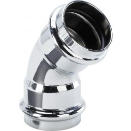 Kromattu 45 asteen viemärikulma, halkaisija 32 mm, sileä pinta ja kaksi liitäntäaukkoa.