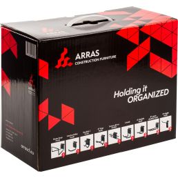 Arrasin autotallin tarvikkeiden musta-punainen pakkaus. Pakkauksessa on teksti 'Holding it ORGANIZED' ja kuvia tuotteen käytöstä.