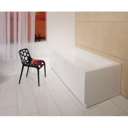 A white rectangular acrylic bathtub measuring 150 cm, placed in a minimalist interior alongside a colorful chair.
