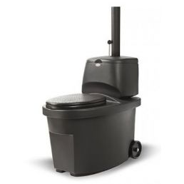 Black liquid-separating dry toilet on wheels, equipped with a handle on the lid and an adjustable tube.