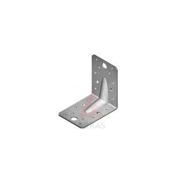 Reinforced galvanized steel angle bracket, measuring 90x90x65 mm, with multiple round mounting holes and a reinforced central rib.