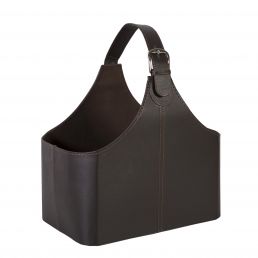 Tumepruun ajalehekorv, mõõtmetega 22x38x33 cm, millel on reguleeritav sang.