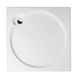 Valge akrüülist dušialus, mõõtmetega 900x900 mm, kõrgus 125 mm, varustatud sifooniga ja ümmarguse kujuga.