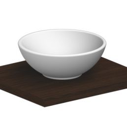 Vit tvättställ Sfera med en övertopp och en diameter på 395 mm, placerad på en mörkbrun bas.