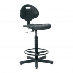 Black high work chair Nargo with adjustable height and foot ring, plastic backrest and seat.
