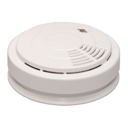 Valkoinen pyöreä savunilmaisin, jossa on tuuletusaukot ja keskellä testauspainike.