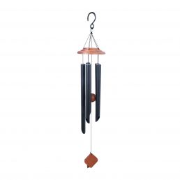 Wind chime with five black metal tubes and wooden top and bottom parts. Total length is 63 cm.