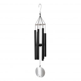 Black wind chime NATURE'S MELODY, height 80 cm. Hanging design featuring five long metal tubes and a round base.