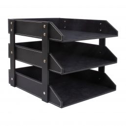 Must dokumendiriiul WALTER, mõõtmetega 28x35x27 cm, kolmetasandiline, külgedel avatustega disain.