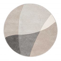 Round rug with a geometric pattern in shades of gray and beige, featuring multiple color blocks, approximately 200 cm in diameter.