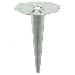 Metal light fixture mounting part, a silver hexagonal spike with a wide support base for installation.