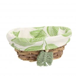 Ovaalne pajust korv mõõtmetega 22x15x9 cm, millel on rohelist lehemustriga kangast vooder ja ees roheline dekoratiivne tutt.