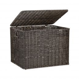 Dark brown woven storage box, dimensions 42.5 x 34 x 31 cm, with a lid.
